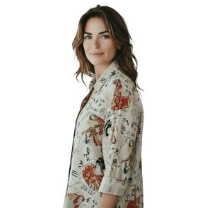 Tianello Geisha Suzy Blouse Women XL 3/4 Sleeve Button Up Tan Red Rayon Blend